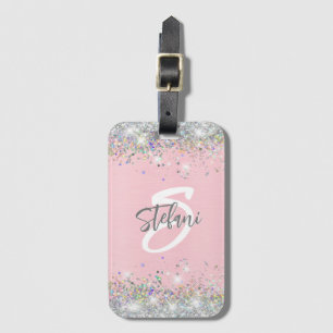 Modern Blush Holographic Faux Glitter Monogram Luggage Tag