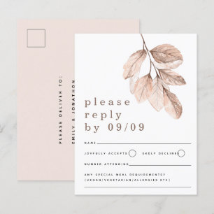 Modern Blush Leaves Wedding RSVP Postcard
