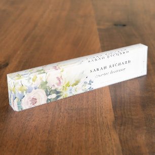 Modern Blush Lilac Watercolor Rose Floral Bunch Nameplate