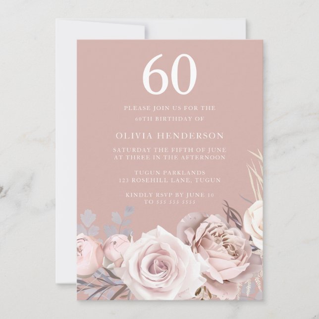 Modern Blush & Mauve Floral 60th Birthday Party Invitation (Front)