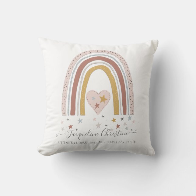Modern Blush Muted Rainbow Baby Girl Birth Stats Cushion (Front)