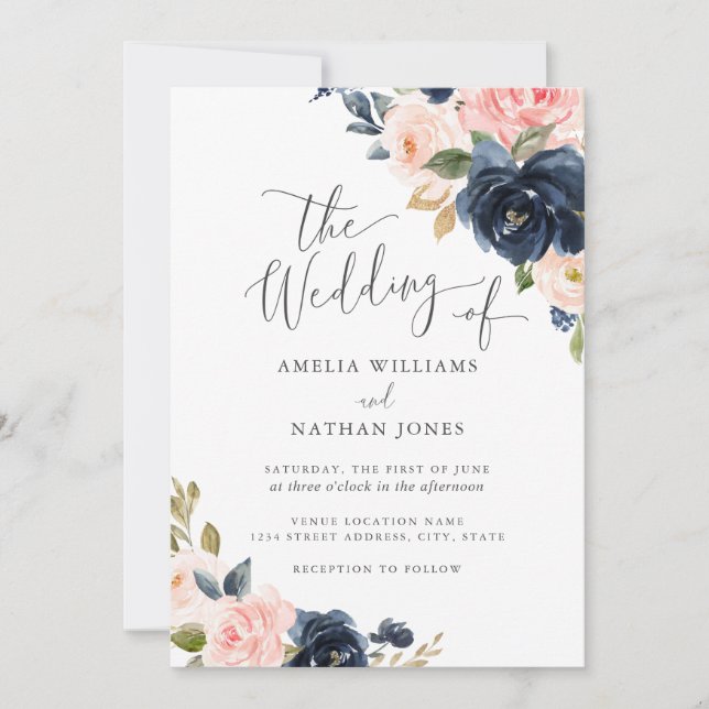 Modern Blush Navy Floral Wedding Invitation (Front)