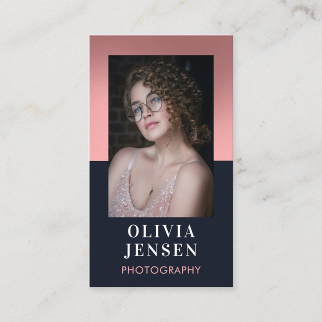 Modern Blush & Navy Professional Business Photo  Business Card (Front)