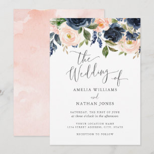 Modern Blush Navy Watercolor Floral Wedding Invitation