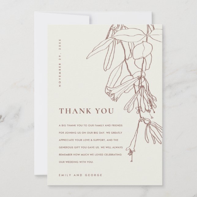 MODERN BLUSH OFF WHITE LINE DRAWING FLORAL WEDDING THANK YOU CARD (Front)