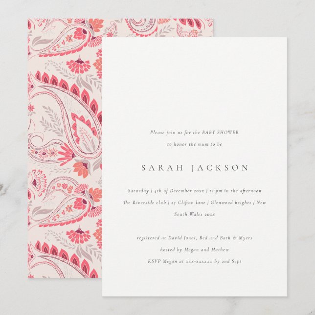 Modern Blush Paisley Typography Baby Shower Invitation (Front/Back)