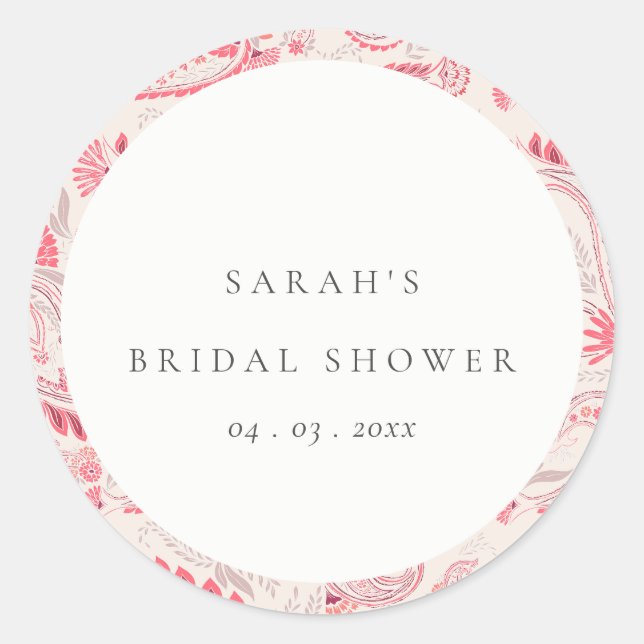 Modern Blush Paisley Typography Bridal Shower Classic Round Sticker (Front)