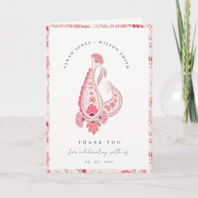 Modern Blush Paisley Typography Photo Wedding Thank You Card (Front)