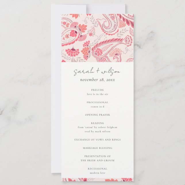 Modern Blush Paisley Typography Wedding Program Invitation (Front)