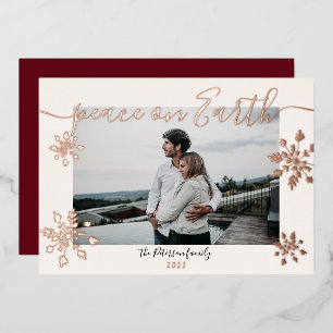 Modern blush Peace script snowflakes photo Foil Holiday Card