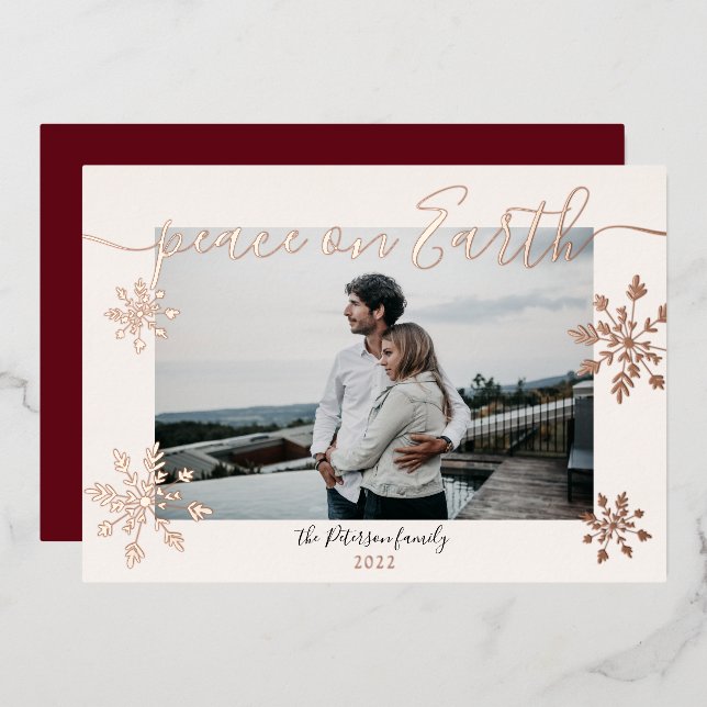 Modern blush Peace script snowflakes photo Foil Holiday Card (Front/Back)
