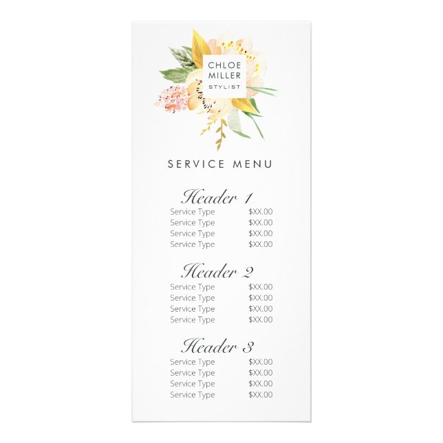 Modern Blush Peach Floral Service Menu Price List  (Front)