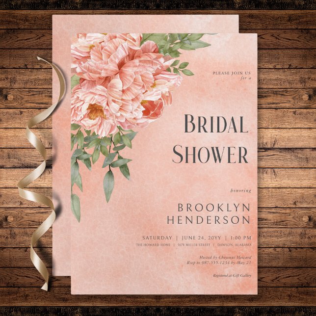 Modern Blush Peach Peonies Floral Bridal Shower Invitation (Modern Blush Peach Peonies Floral Bridal Shower Invitation)