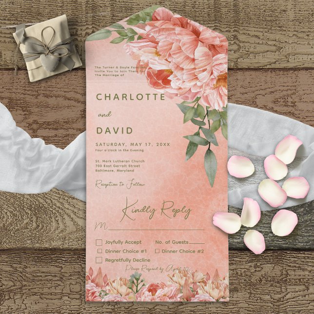 Modern Blush Peach Peonies Floral Dinner All In One Invitation (Creator Uploaded)