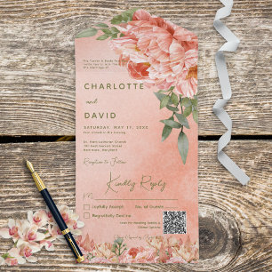 Modern Blush Peach Peonies Floral QR Code All In One Invitation