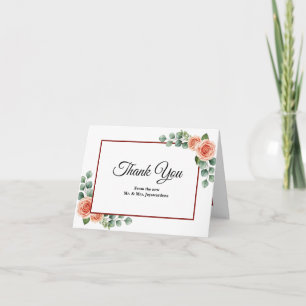 Modern Blush Peach Rose Burgundy Wedding Thank You Card