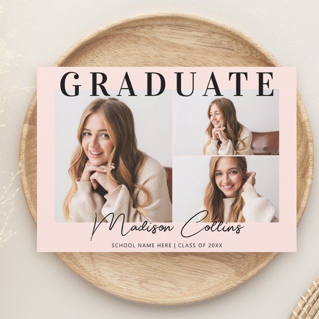 Modern Blush Pink 3 Photo Graduation Party Invitation (Creator Uploaded)