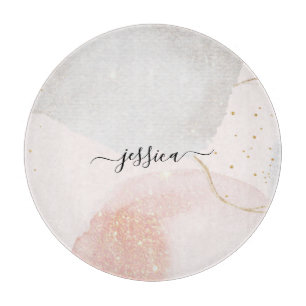 Modern blush pink abstract script name  cutting board