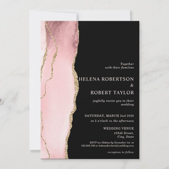 Modern blush pink agate black background invitation (Front)