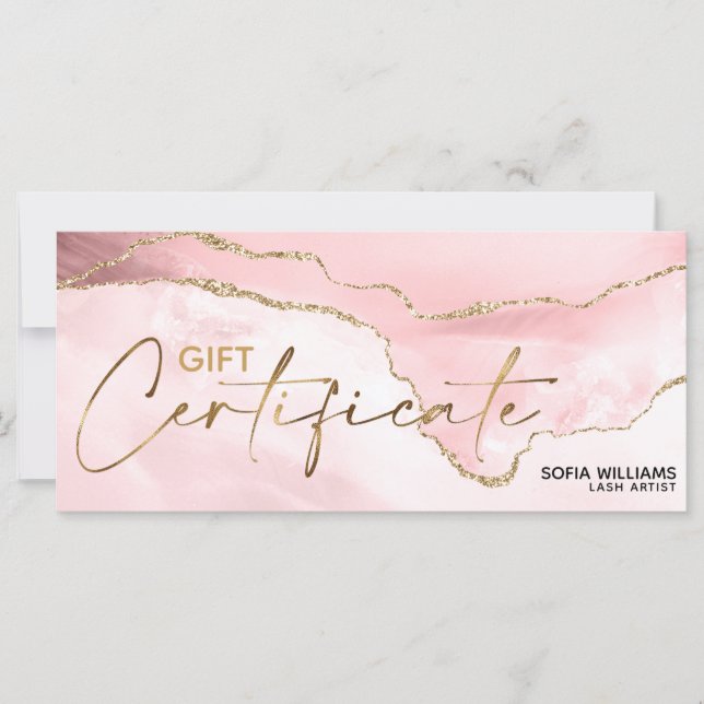 Modern Blush Pink Agate Certificate Gift Card (Front)