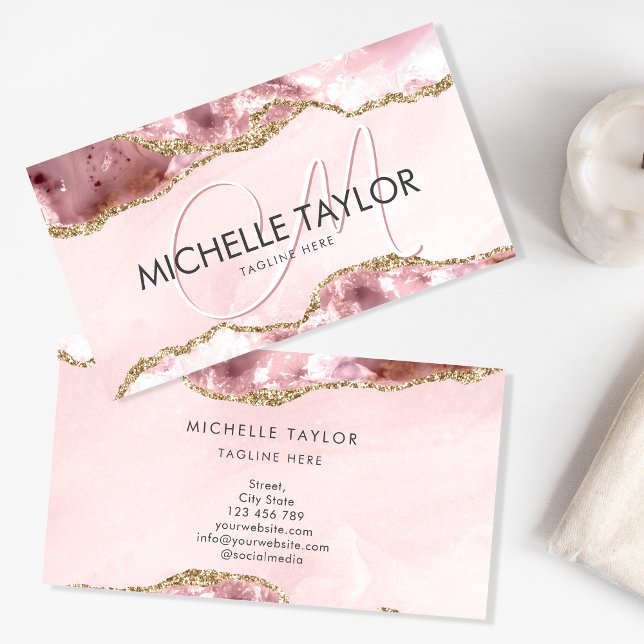 Modern Blush Pink Agate Chic Modern Monogram Busin Business Card (Creator Uploaded)