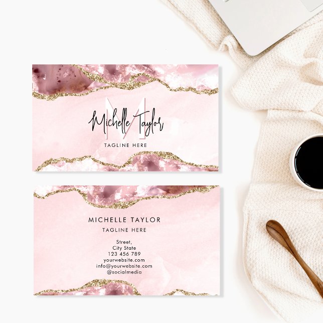Modern Blush Pink Agate Chic Modern Monogram Business Card (Creator Uploaded)