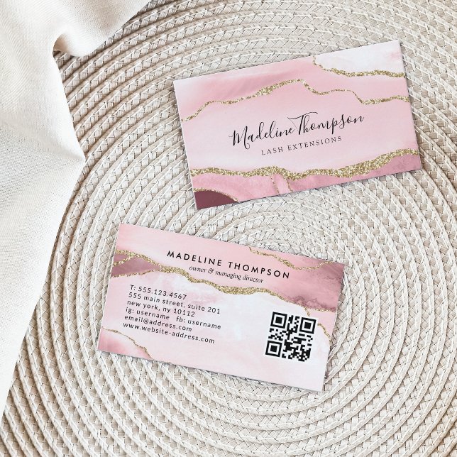 Modern Blush Pink Agate Geode Gold Glitter QR Code Business Card (Creator Uploaded)