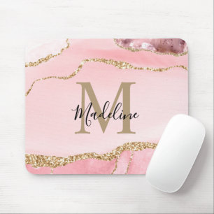 Modern Blush Pink Agate Geode Gold Script Monogram Mouse Mat