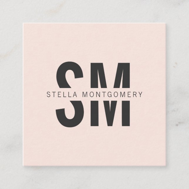 Modern blush pink and black monogram professional square business card (Front)