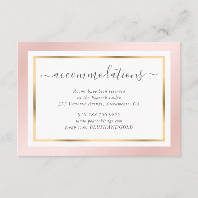 Modern Blush Pink and Gold Wedding Accommodation Enclosure Card (Front)