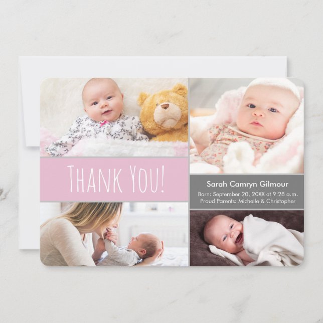 Modern Blush pink and Grey Welcome Home Baby Girl Thank You Card (Front)