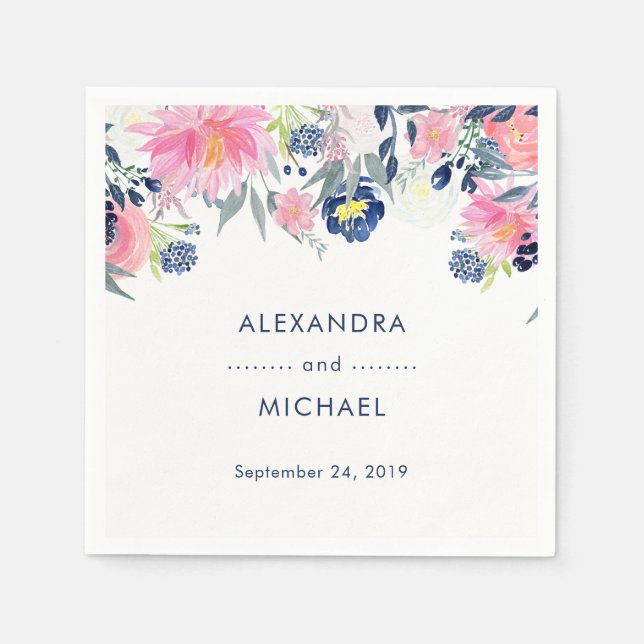 Modern Blush Pink and Navy Floral Wedding Napkin (Front)
