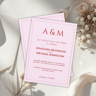 Modern blush pink and red minimalist wedding invitation