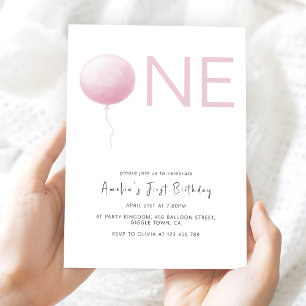 Modern Blush Pink Balloon Girl First Birthday Invitation