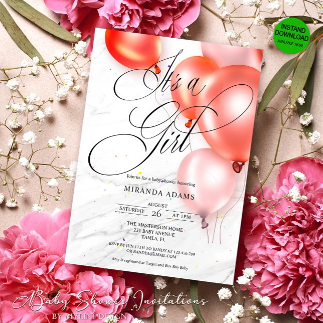 Modern Blush Pink Balloons Girl Baby Shower Invitation (Creator Uploaded)