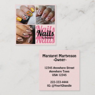 Modern Blush Pink Black Bold 3 Photo Nail Salon Square Business Card