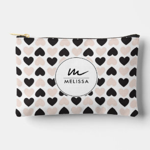 Modern Blush Pink Black Love Hearts Monogram Accessory Pouch