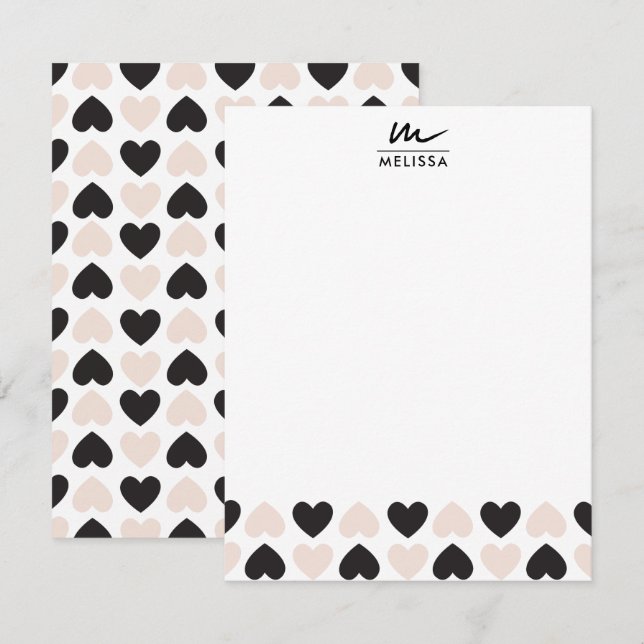 Modern Blush Pink Black Love Hearts Monogram Card (Front/Back)