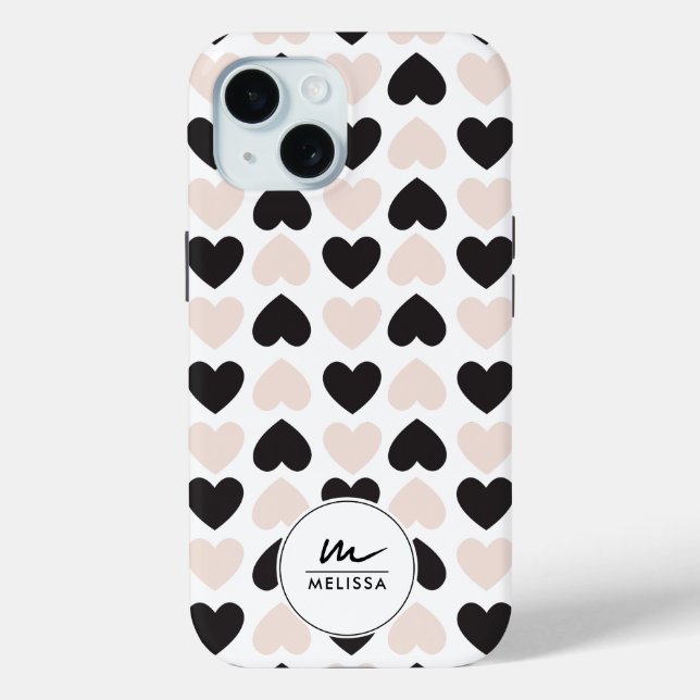 Modern Blush Pink Black Love Hearts Monogram Case-Mate iPhone Case (Back)