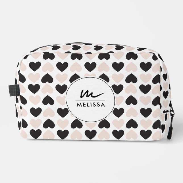 Modern Blush Pink Black Love Hearts Monogram Dopp Kit (Front)