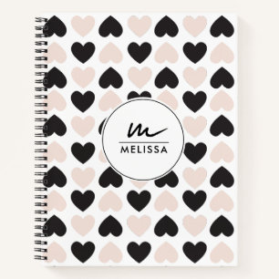 Modern Blush Pink Black Love Hearts Monogram Notebook