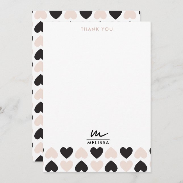 Modern Blush Pink Black Love Hearts Monogram Thank You Card (Front/Back)