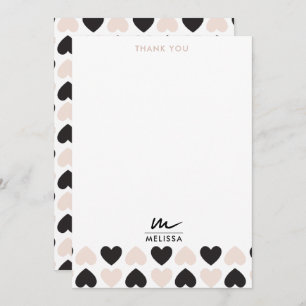 Modern Blush Pink Black Love Hearts Monogram Thank You Card