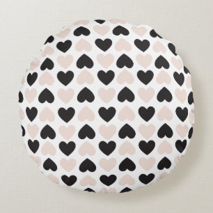 Modern Blush Pink Black Love Hearts Pattern Round Cushion