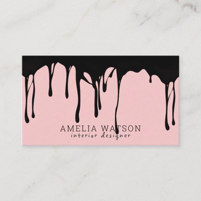 Modern Blush Pink Black Paint Seamless Dripping Business Card (Front)