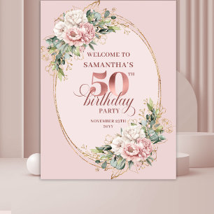 Modern Blush Pink Botanical 50th Birthday Backdrop Tapestry