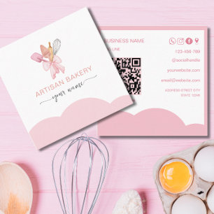 Modern Blush pink bow Bakery utensils Square Business Card