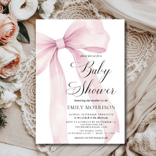 Modern Blush Pink Bow Girl Watercolor Baby Shower Invitation