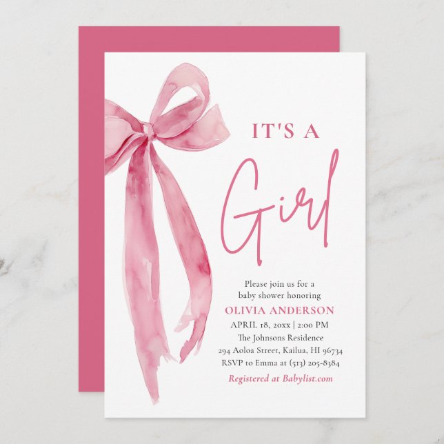 Modern Blush Pink Bow It's a Girl Baby Shower Invitation (Front/Back)