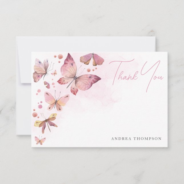 Modern Blush Pink Butterflies Bridal Shower Thank You Card (Front)
